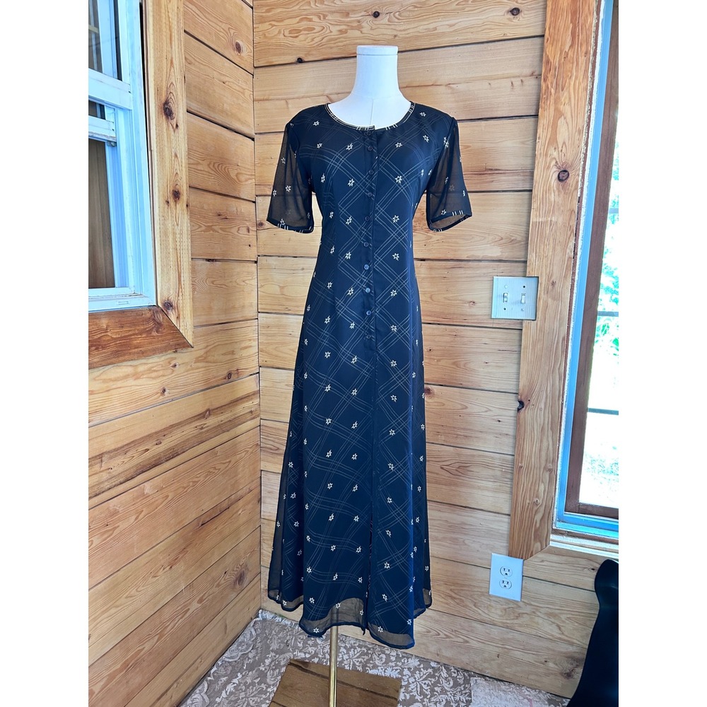 Vintage Maxi Dress Womens Medium Black Plaid Mesh Duster East West Clothing Co